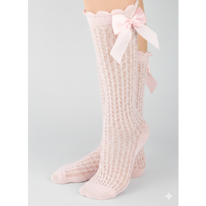 Podkolanówki bawełniane / Ażurowe z kokardą NOVITI - RÓŻOWE